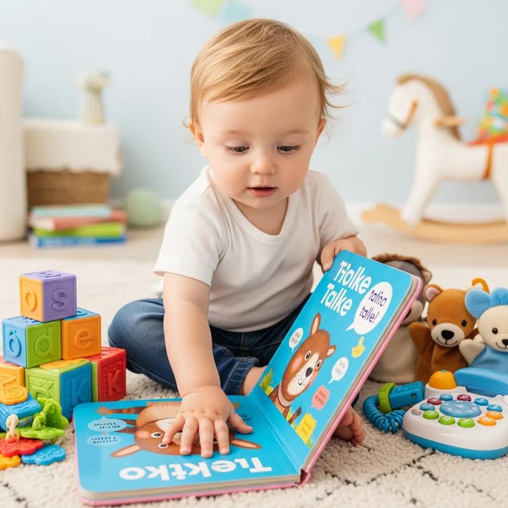 Toddler exploring colorful blocks and a picture book, promoting speech development through play, surrounded by plush toys and a toy phone in a bright, engaging setting.