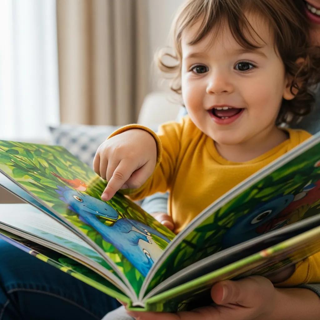 Toddler pointing at a colorful picture book while a parent reads, highlighting early language development and communication milestones.