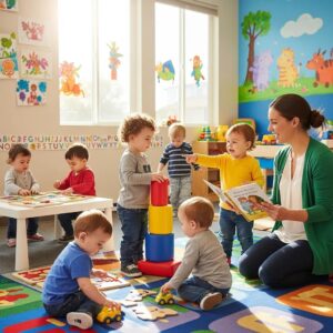 Toddlers engaged in play-based learning at a daycare, showcasing a nurturing educational environment