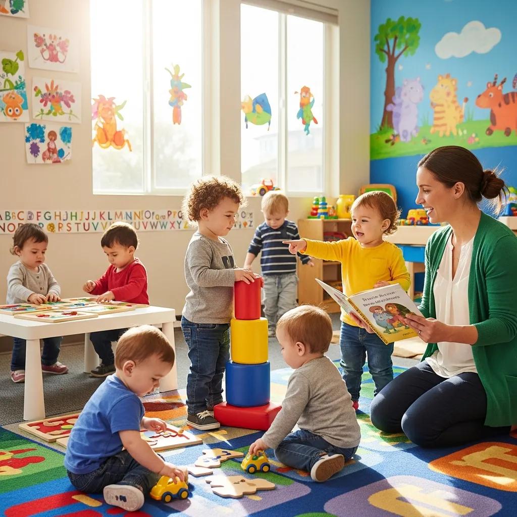 Toddlers engaged in play-based learning at daycare, showcasing a nurturing educational environment with colorful toys and supportive teacher interaction.