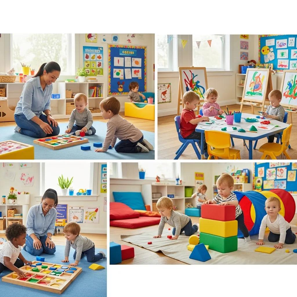 Toddlers engaged in play-based learning activities at Chroma Early Learning Academy, exploring colors and shapes with a teacher, participating in creative art projects, and building with blocks in a vibrant classroom setting.
