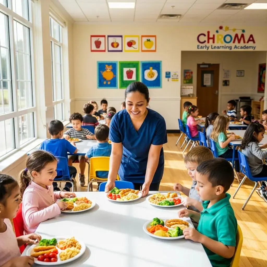 Caregiver serving a wholesome meal to children in a calm, nurturing Chroma dining area