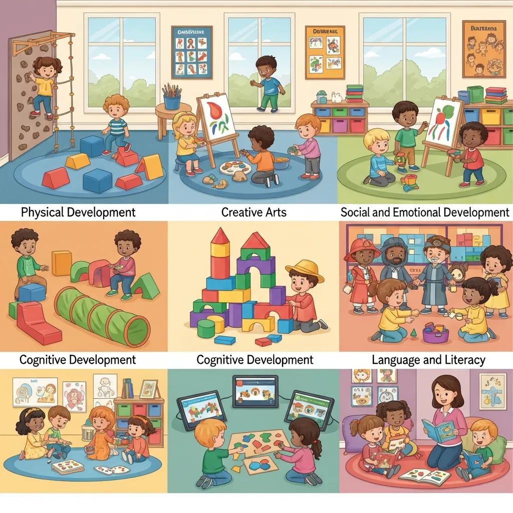 Children engaged in hands-on activities that reflect the five Prismpath™ developmental pillars